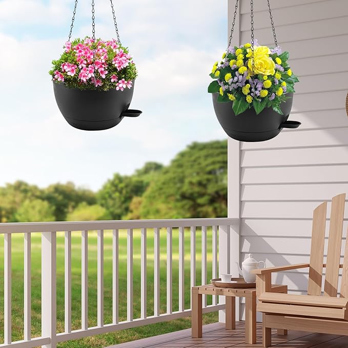 10 inch Hanging Planters for Indoor Plants, 3 Pack Self-Watering Hanging Planter Pots with Chain and Drainage Holes, Outdoor Plastic Hanging Baskets for Garden Home Decor (Black, 3pcs/10inch)