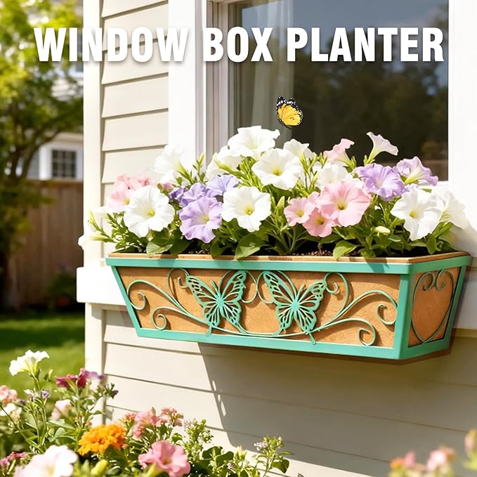 6 Pack 24 Inch Window Boxes Planter Railing Planters Box with Adjustable Brackets for Porch Deck Balcony Hanging Butterfly Decorative Flower Baskets & Non-Woven Fabric Liner for Outdoor Plants - Green