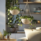La Jolie Maison 10 Inch Hanging Planters for Indoor Plants, Outdoor Garden Planter Pots with Self-Watering Tray, Oatmeal, Set of 2