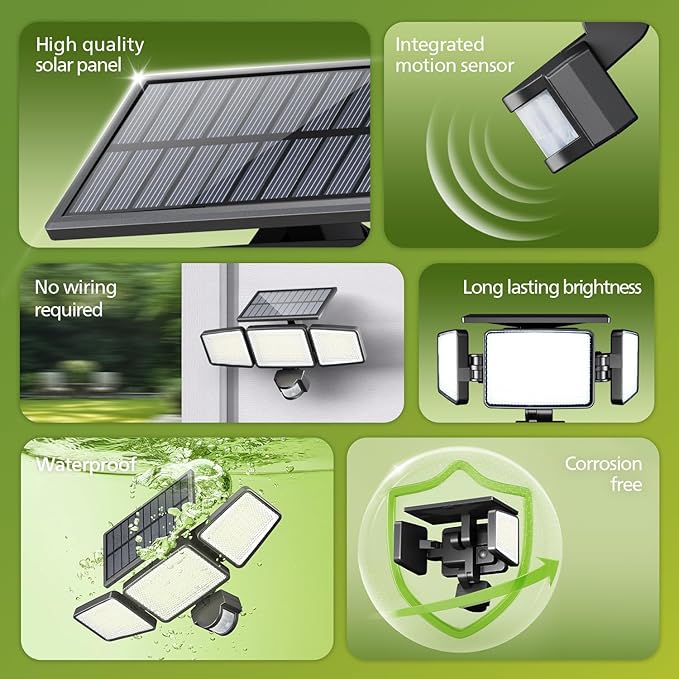 Philips Solar Security Light Outdoor 302 LED 1200lm，Solar-Powered Waterproof Wall-Mounted Flood Light w/PIR Motion Sensor, 3 Heads, IP65 Waterproof, 3 Modes 6 Packs