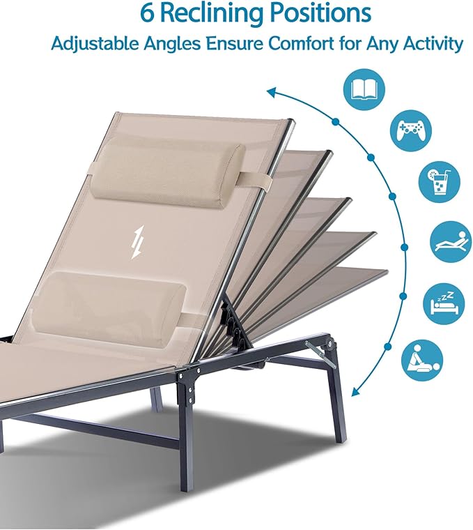4 Pack Foldable Chaise Lounge Chair with Cup Holder, Assemble-Free Outdoor Lounge Chair with Detachable Pillow and 6 Adjustable Backrest, Patio Lounge Chair for Outside Poolside Beach Pool, Khaki