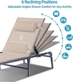 2 Pack Foldable Chaise Lounge Chair with Cup Holder, Assemble-Free Outdoor Lounge Chair with Detachable Pillow and 6 Adjustable Backrest, Patio Lounge Chair for Outside Poolside Beach Pool, Khaki