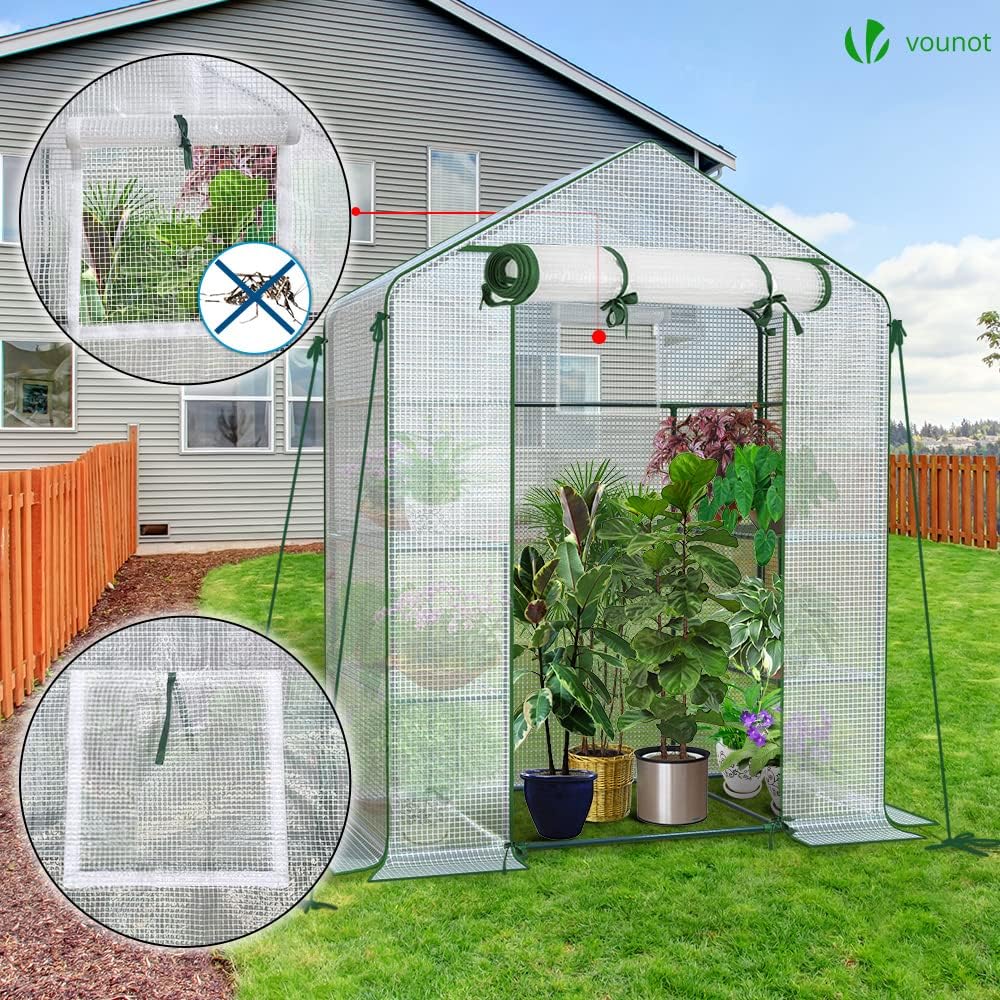 vounot walk in greenhouse with shelves, roll up, close-up detail