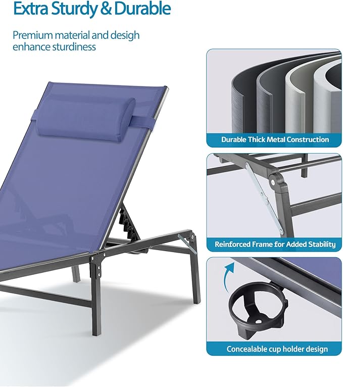 2 Pack Foldable Chaise Lounge Chair with Cup Holder, Assemble-Free Outdoor Lounge Chair with Detachable Pillow and 6 Adjustable Backrest, Patio Lounge Chair for Outside Poolside Beach Pool, Blue
