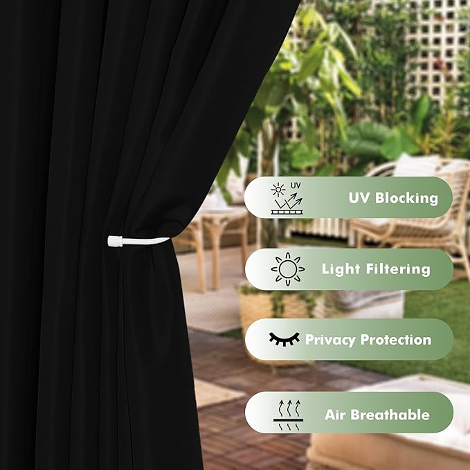 HolidayIdeas Waterproof Outdoor Curtains for Patio, 6 Panels - 54x108 Inches - Weatherproof Privacy Outsides Curtains for Backyard Porch Gazebo, Sunlight & UV Blocking (Black, Grommet Top)