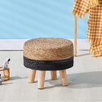 Cpintltr Ottoman Natural Seagrass Footrest Poufs Hand Weave Round Foot Stool for Couch Desk Soft Step Stool Padded Foot Rest with Pine Legs for Living Room Bedroom Natural/Black