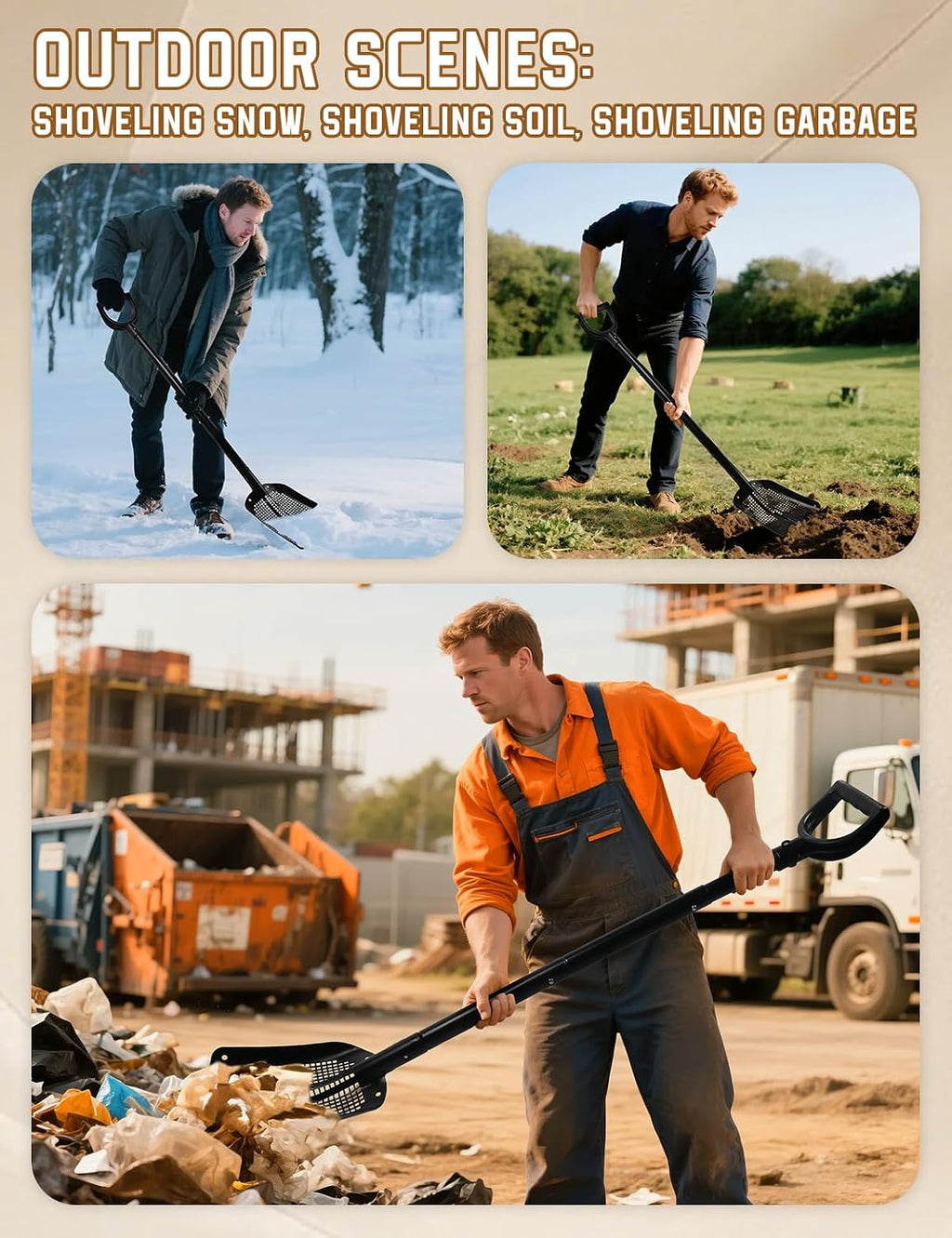 heavy duty sifting shovel with adjustable handle (26"-48"), package contents