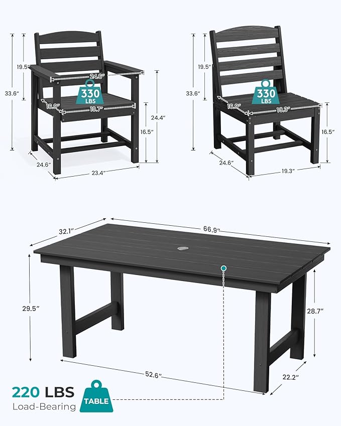 SERWALL Patio Dining Sets for 10 Person, HDPE Dining Set with 2 Tables, 8 Armless Chairs and 2 Armed Dining Chairs, Black
