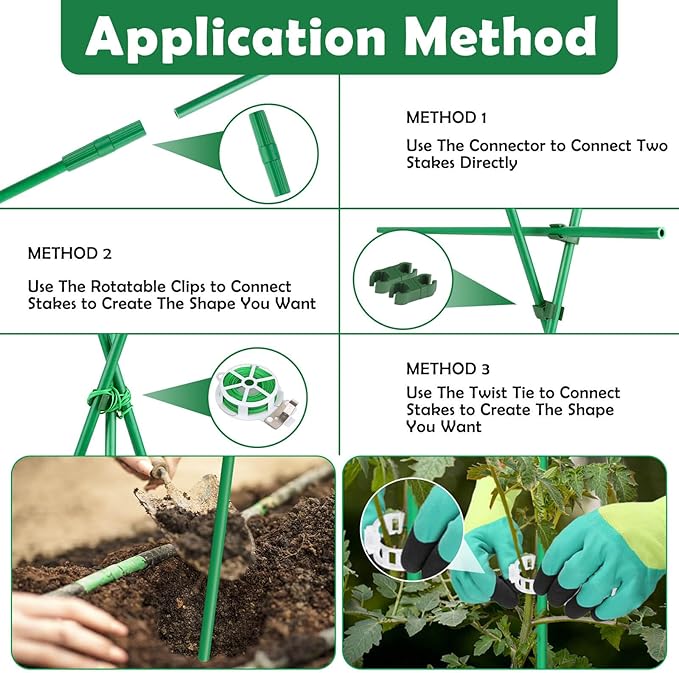 Cludoo 162PCS Garden Stakes Set with 50 Sets Fiberglass Plant Stakes Sticks Supports and Accessories, DIY 4ft 5ft 6ft 7ft Tomato Stakes for Tomato,Vegetables, Pepper, Fences Indoor Outdoor Plants