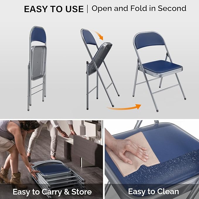 VINGLI 10 Pack Folding Chairs with Padded Seats, Metal Frame with Pu Leather Seat & Back, Capacity 350 lbs, Blue