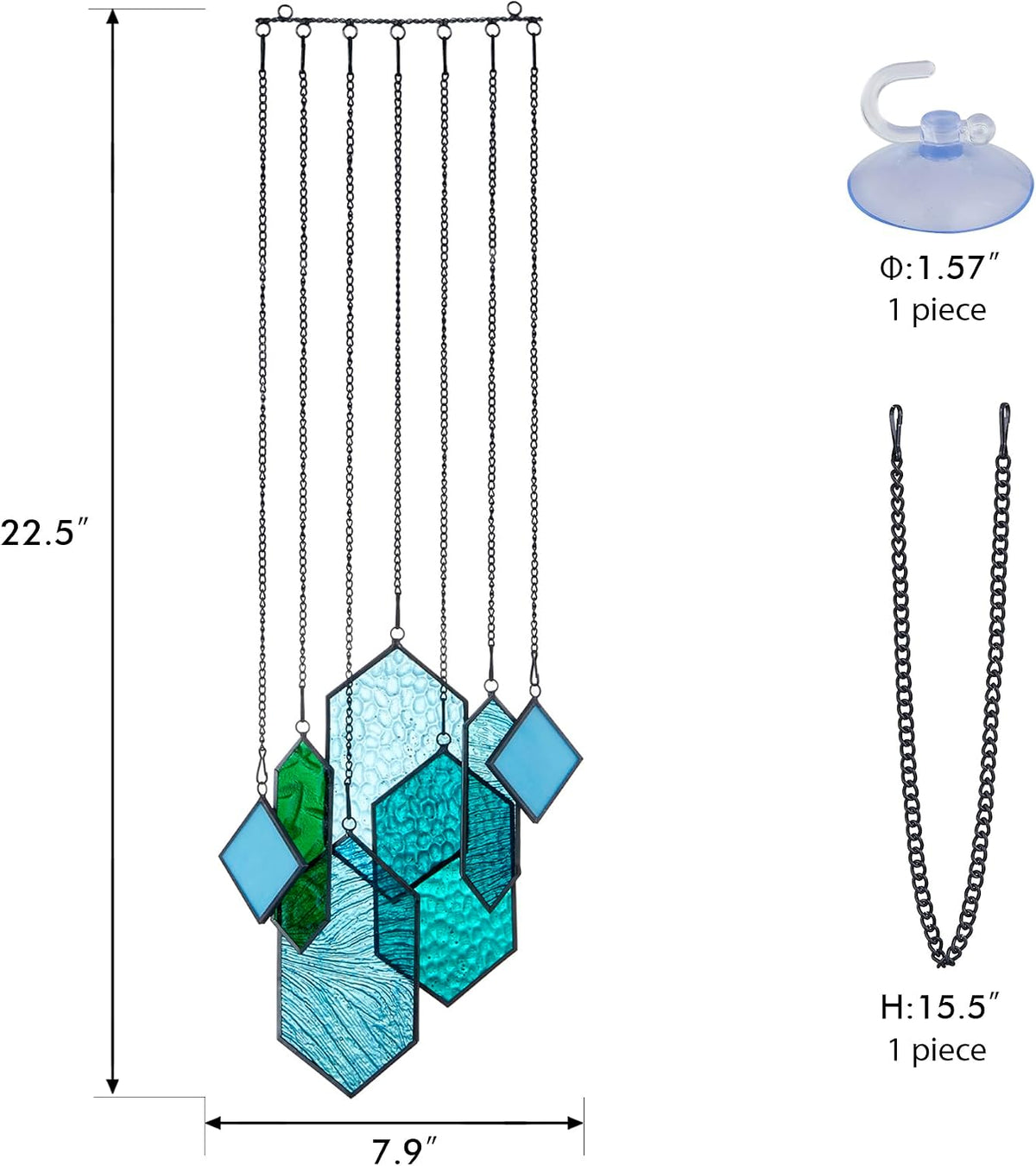 stained glass window hanging, crystal suncatcher, blue-green shown in use