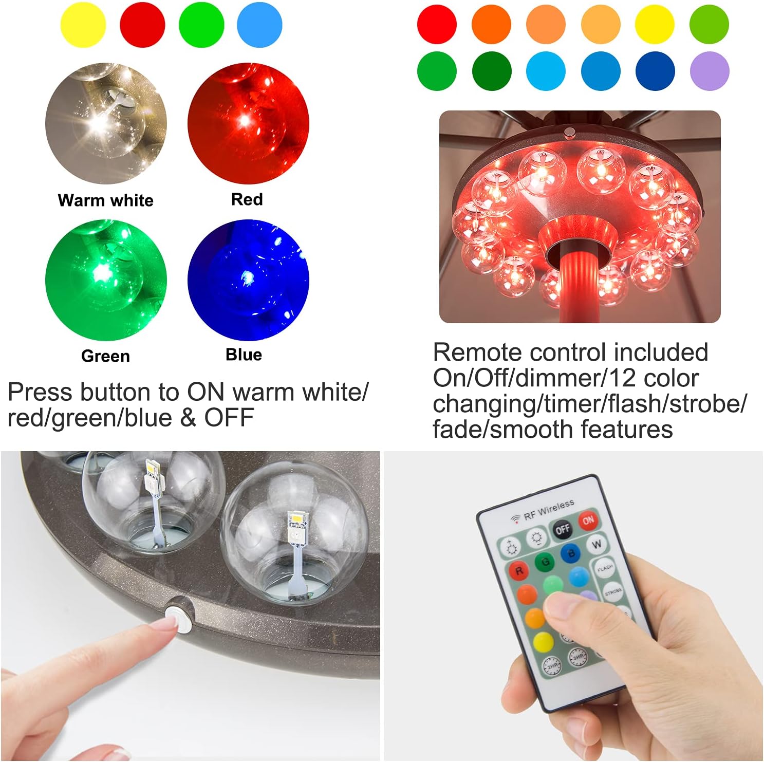 LUXSWAY Umbrella Lights Battery Operated,12 Color Changing Outdoor Patio Umbrella Light for Pole with 80Ft Remote,12 Clear Bulb 48 LEDs,4 Modes,4 Timer Option,Umbrella Hanging Light for Camping,BBQ