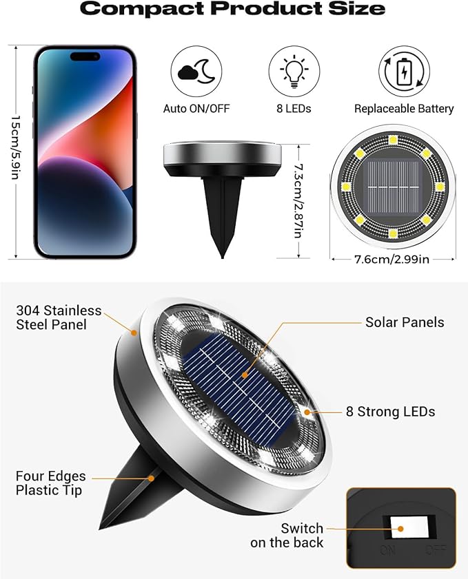 btfarm 24 Pack Solar Lights Outdoor, 8 LED Solar Ground Lights IP65 Waterproof Flat Solar Disc Light, Pathway Lights for Garden Lawn Patio Yard Path Landscape, Cool White