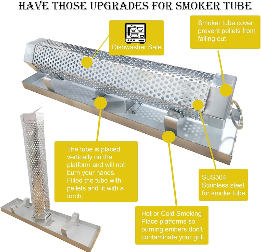 2X12'' Smoke Tube Kit for Pellet Smoker With Tray and Tube Cover | 5 Hours Billowing Smoke, Works with Any Grill or Smoker, smoke tube for pellet smoker, 2X12" Hexagonal smoke tube kit