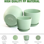 Large Plant Pots 12/10/9 inch, Set of 3 Modern Decorative Plastic Planters with Drainage Holes and Saucers, Flower Pots for Indoor Outdoor Plants, Green