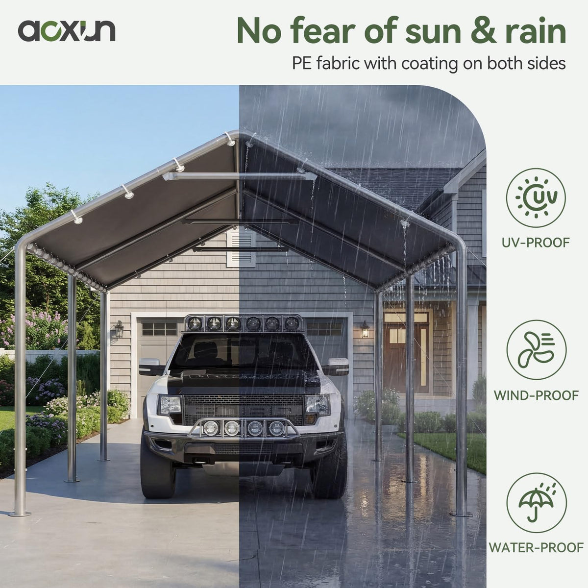 aoxun 10x20 carport heavy duty carport potable car, close-up detail