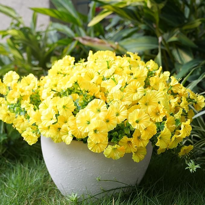 Artificial Flowers for Outdoors, UV Resistant Fake Silk Morning Glory, Realistic Faux Plants for Outside Porch Patio Window Box Hanging Planter (16, Orange Yellow)