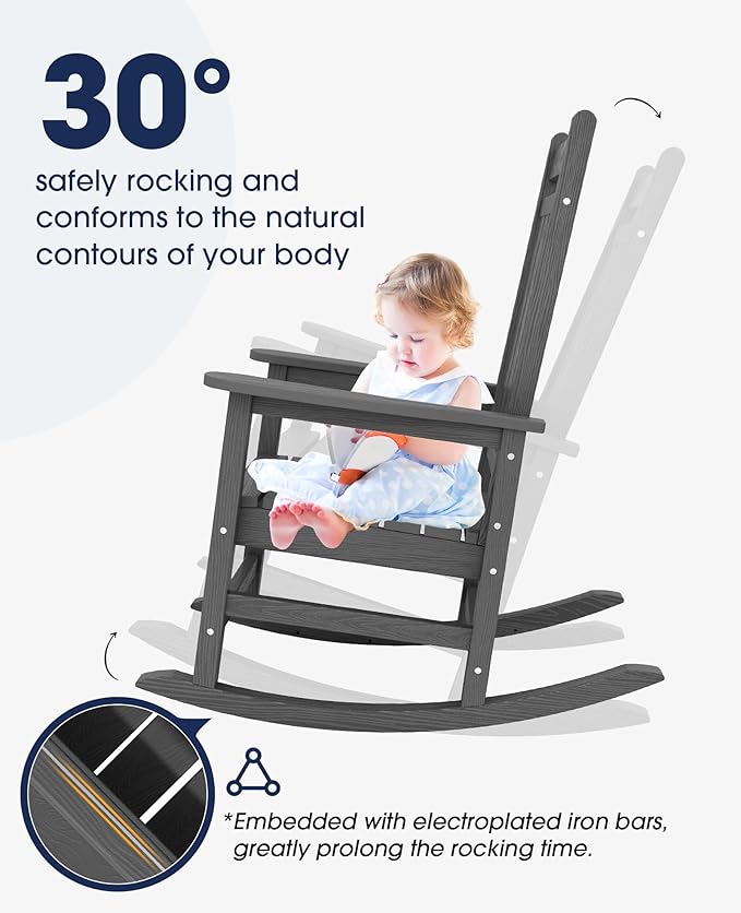 KINGYES Oversized Outdoor Rocking Chair Set of 6, All-Weather Patio Rocking Chairs for Porch, HDPE Outdoor Patio Rockers with High Back & Wide Seat for Garden, Lawn, Gray