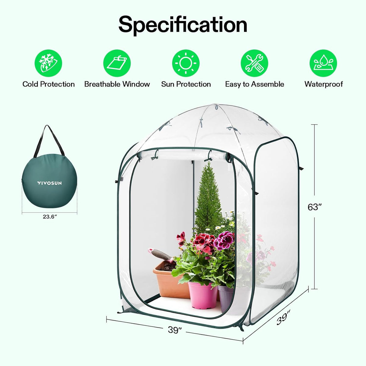 vivosun 39x39x63-inch portable walk-in greenhouse, with pvc cover shown in use