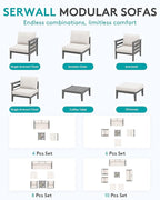 SERWALL HDPE Patio Furniture Set, 4 Pieces Outdoor Sectional Sofa Set, All-Weather Wood-Like Outdoor Sofa Couch with Coffee Table for Deck, Lawn, Grey Frame with Khaki Cushion