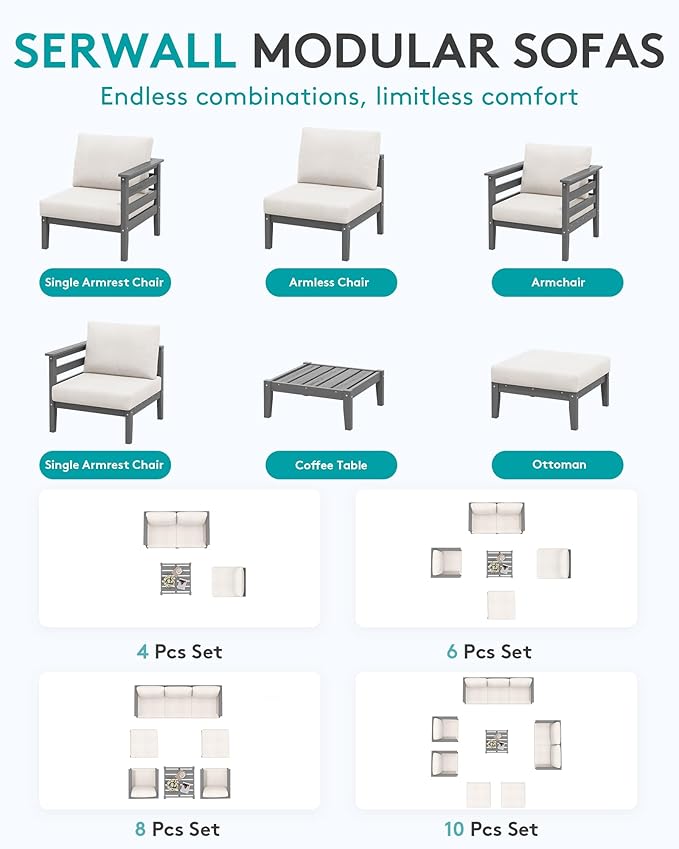 SERWALL HDPE Patio Furniture Set, 2 Pieces Outdoor Sectional Sofa Set, All-Weather Wood-Like Outdoor Sofa Couch with Coffee Table for Deck, Lawn, Grey Frame with Khaki Cushion
