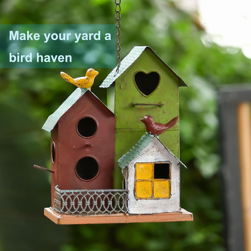 Large Bird Houses for Outside with 3 Compartments for Birds to Nest in | Metal Bird Houses for Outside with Easy Clean Back Doors