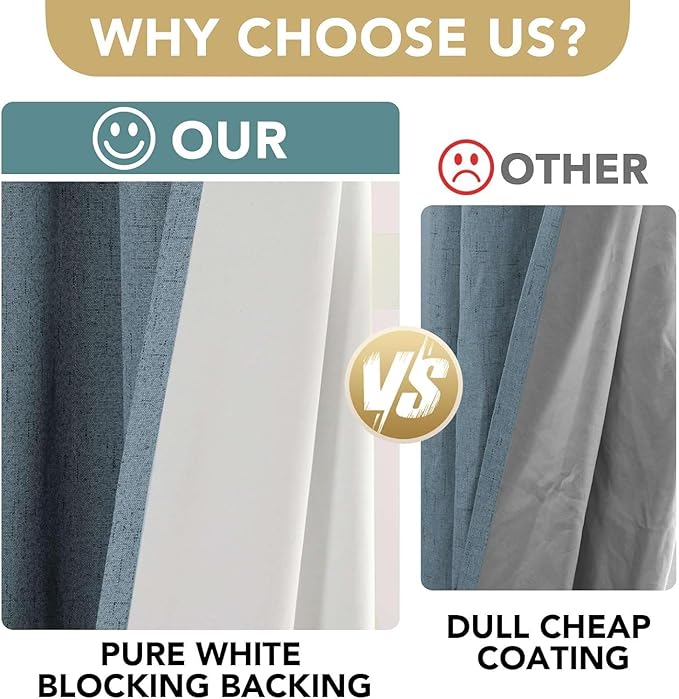 H.VERSAILTEX Linen Curtains 100% Blackout Curtains for Bedroom 90 inch Long Full Light Blocking Nature Linen Blended Window Curtains for Living Room Nickel Grommet (2 Panels, Stone Blue)