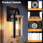 2-Pack Outdoor Light Fixtures, Waterproof Modern Exterior Wall Lantern Porch Lights, Black Wall Sconce with Clear Ribbed Glass, Outside Light with Wood Texture for House, Bulbs Not Included