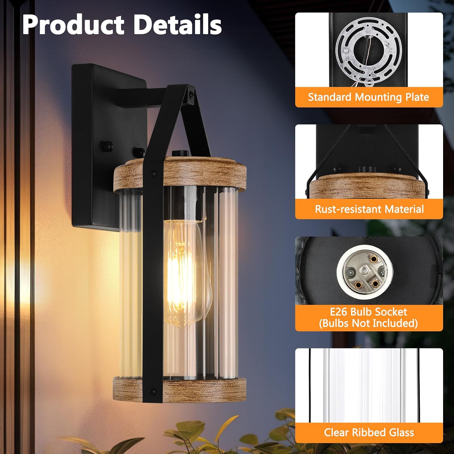 2-Pack Outdoor Light Fixtures, Waterproof Modern Exterior Wall Lantern Porch Lights, Black Wall Sconce with Clear Ribbed Glass, Outside Light with Wood Texture for House, Bulbs Not Included
