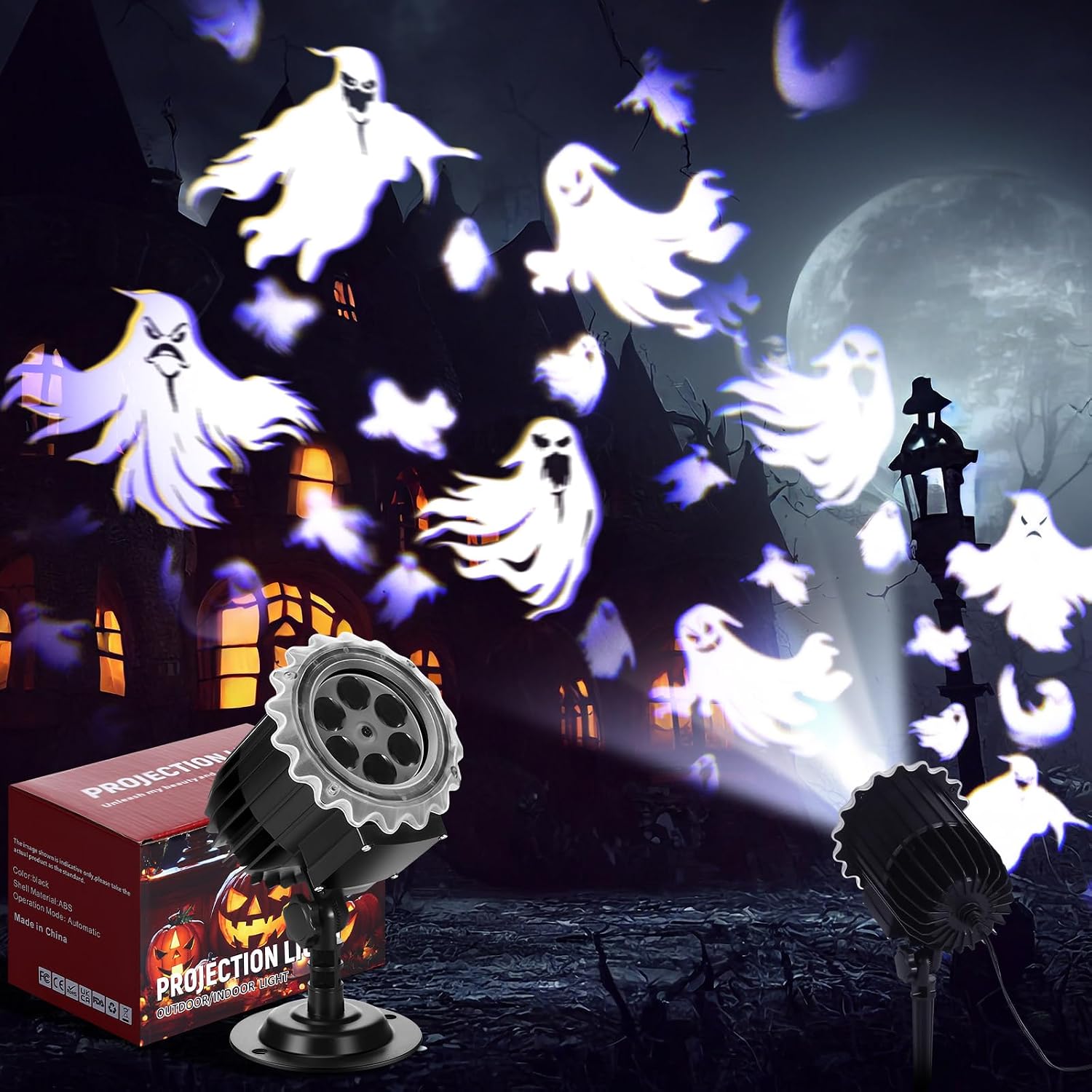 Halloween Projector Light with 1 Film Slides Holiday LED Projector Lights Outdoor Reflectors Waterproof Landscape Decorative Rotation Lighting Movement Projection Lamp(Ghost)