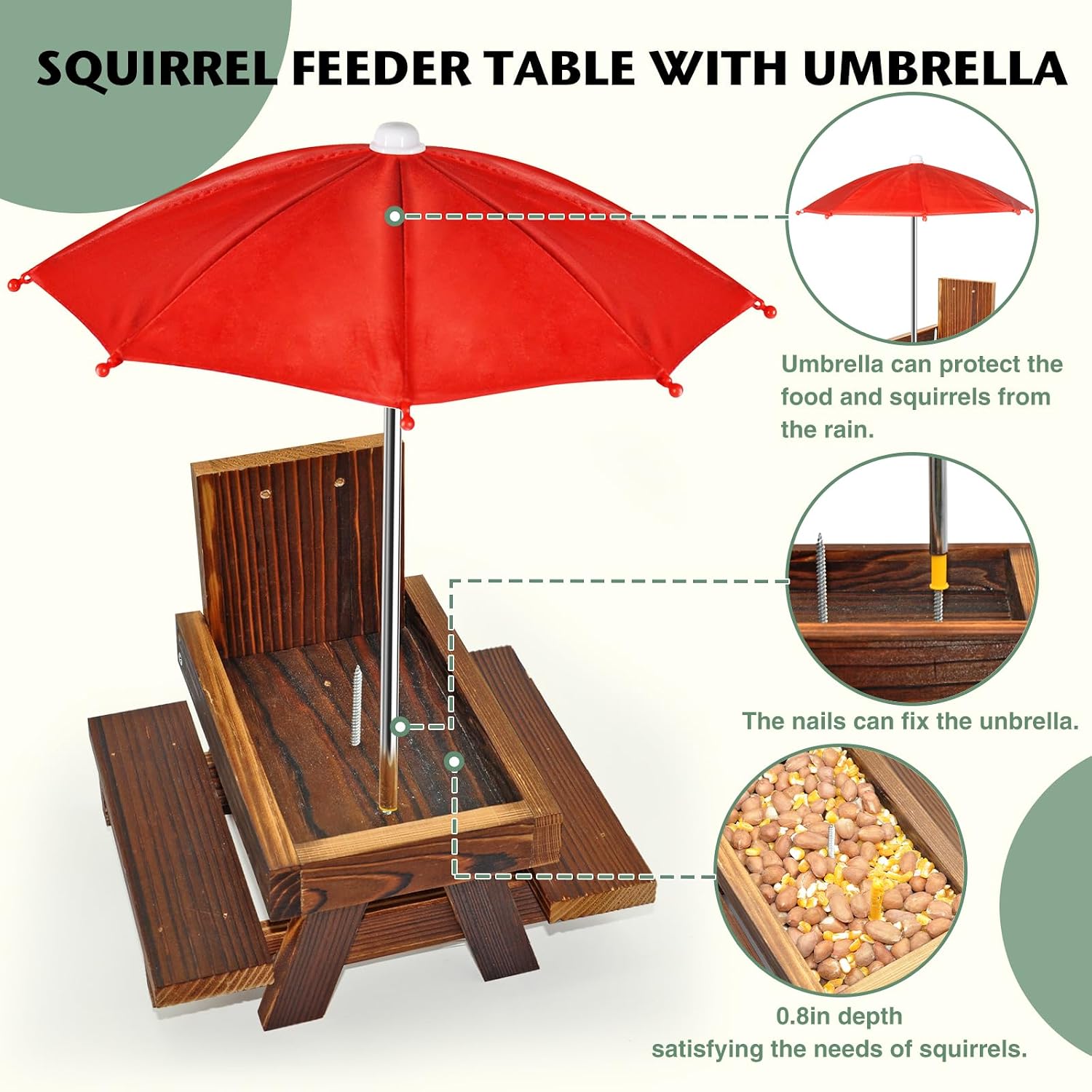 Squirrel Feeder with Umbrella Squirrel Table Feeder with Sturdy Squirrel Feeder with Corn Cob and Peanut Tray Holder Sturdy with Solid Structure Easy to Install