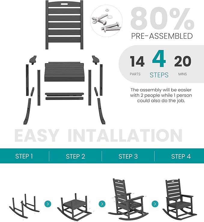 SERWALL Outdoor Rocking Chair Set of 4, Oversized HDPE Patio Rocking Chair with Footrest for Adults, All Weather Porch Rocker for Deck Patio Balcony, Gray