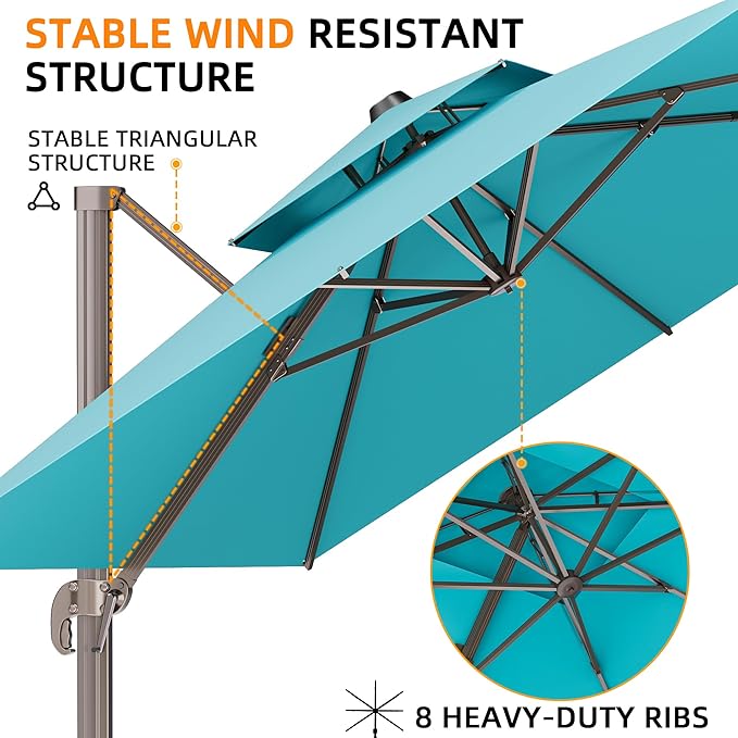 9' X 12' Double Top Cantilever Patio Umbrella - Heavy Duty Offset Umbrella with 360° Rotation for Garden Deck Pool Patio, Turquoise