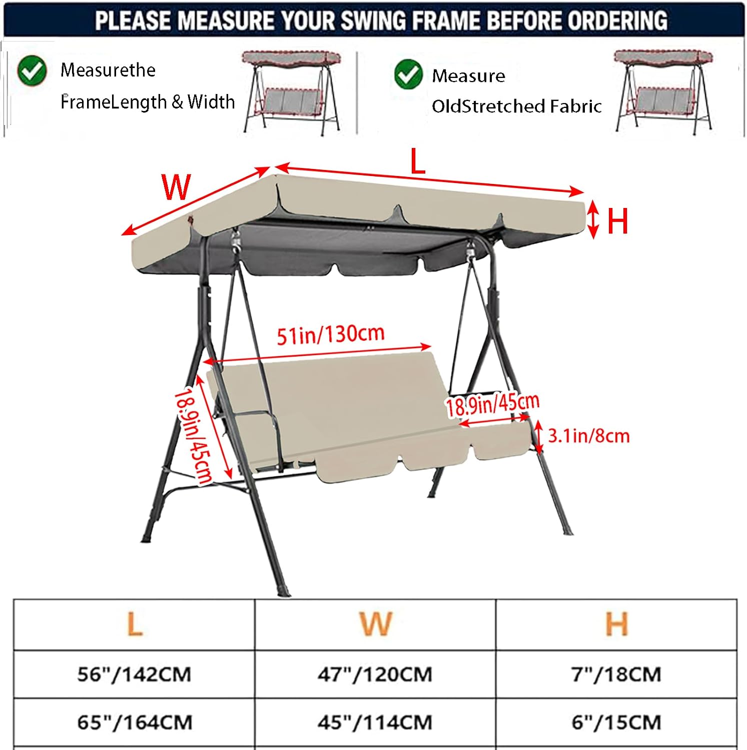 Patio Swing Cushion Set Replacement Canopy Swing Seat for 2/3/4 Seater Swings Chairs,Patio Hammock Swings Canopy Cushion Replacement Cover 210D Oxford Cloth Waterproof,Green 2,56 * 47in+51 * 18.9in