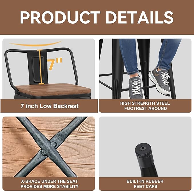 Yongchuang 30 inch Bar Stools Set of 2 Bar Height Metal Barstools with Wood Seat Low Back Kitchen Bar Chairs Matte Black