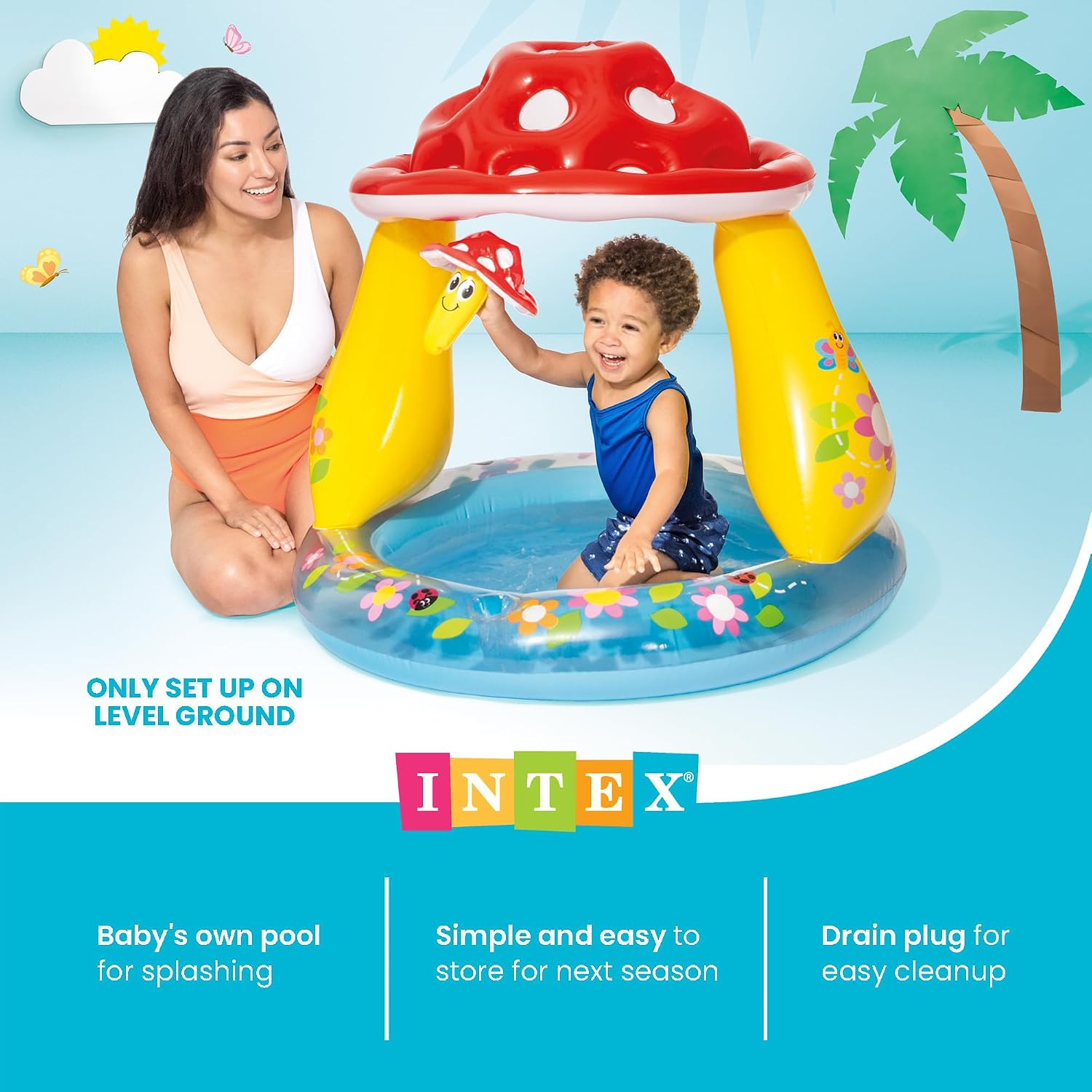 INTEX 57114EP Mushroom Baby Pool: Built-In Mushroom Shade – Soft Inflatable Floor – Durable Vinyl – Ages 1-3 – 40" x 35"