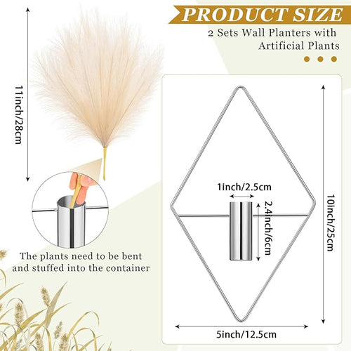 2 Pieces Wall Decor Hanging Planters with Artificial Plants Metal Hanging Vase Indoor Plants Holder Modern Boho Wall Art for Bathroom Bedroom Living Room Decor(Silver,Pampas Grass)