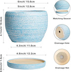 SQOWL Ceramic Planters for Indoor Plants - 6 Inch Plant Pot Indoor Outdoor, Decorative Flower Pot with Drainage Hole and Saucer, Round Succulent Planter, Home Apartment Decor, Garden Gifts, Blue