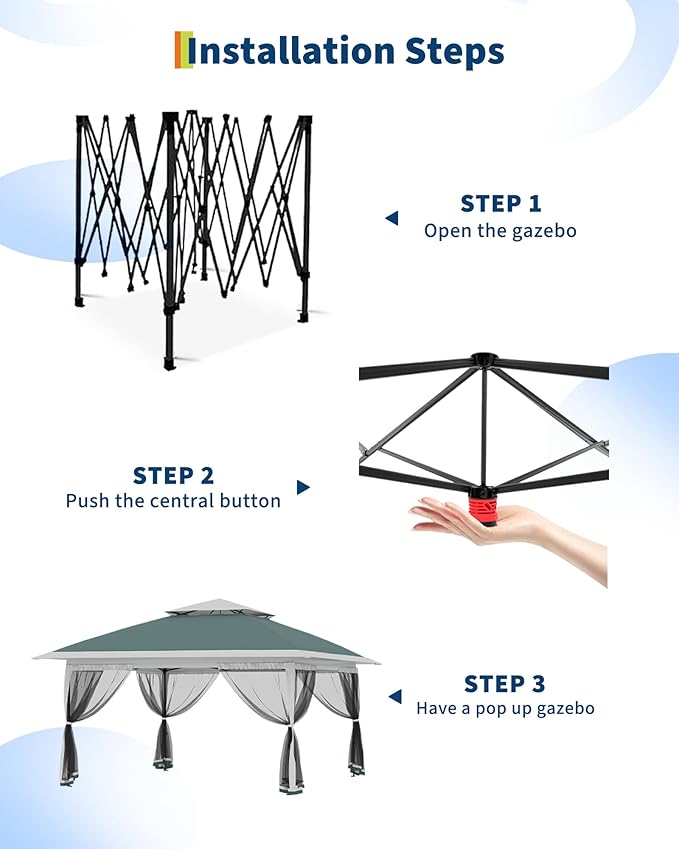 Canopy Tent 13x13 ft, Pop Up Gazebo One-Push Setup with 4 SandBags for Backyard Parties and BBQs, Mosquito Netting & Height Adjustable - Green
