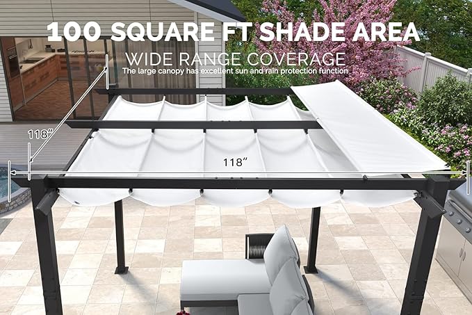 PURPLE LEAF 10' x 10' Outdoor Retractable Pergola with Double Sun Shade Canopy Patio Aluminum Pergola Metal Shelter with Light for Backyard Deck Garden, White