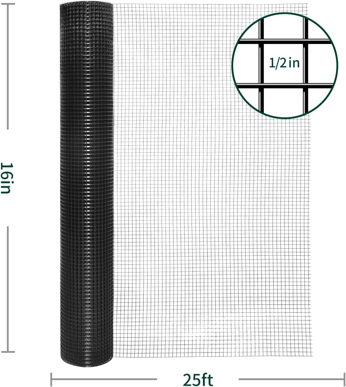Hardware Cloth 1/2 inch, Black Vinyl Coated Hardware Cloth 19 Gauge 16 inch x 25 ft Black PVC Welded Wire Fence for Poultry Netting, Garden Fencing, Tree Guard Rolls and Cage Fence