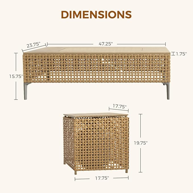 Grand patio 9-Piece Patio Furniture Set with 47" Fire Pit Table, Outdoor Conversation Set & 50,000 BTU 47 Inch Rectangle Propane Fire Pit & Storage Box with Water Resistant Thick Cushions, Cream