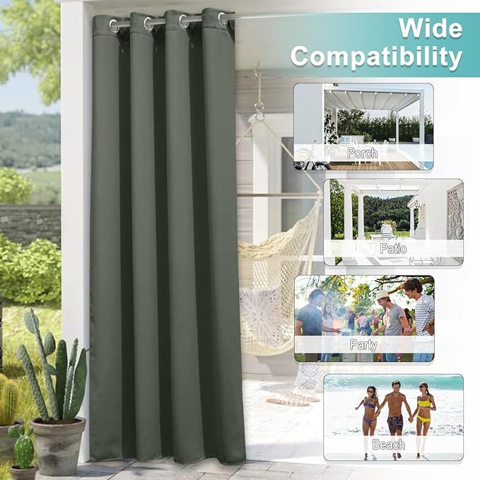 NICETOWN 2 Panels Greyish Green Outdoor Curtains for Patio Waterproof, Rustproof Grommet Blackout Indoor Outdoor Drapes Thermal Privacy Window Treatments for Pergola/Porch, W52 x L72