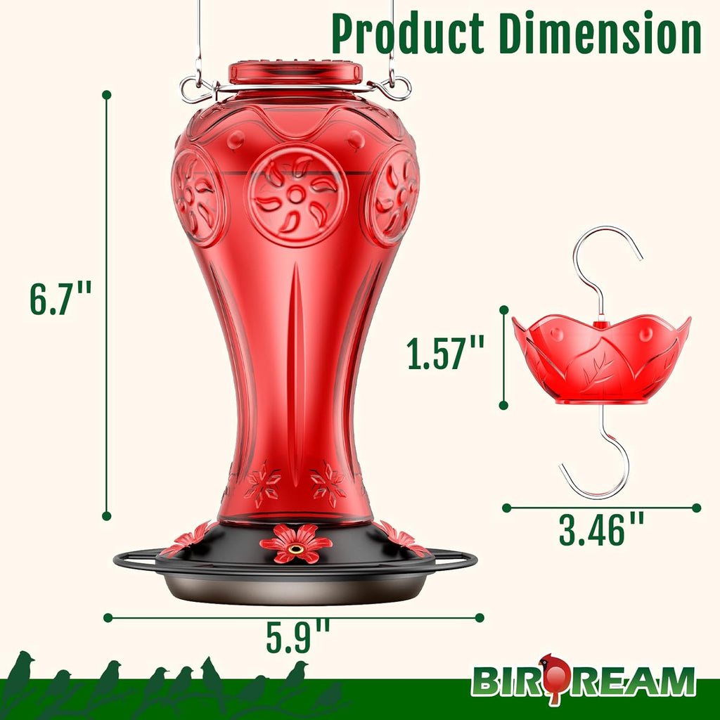 Birdream 23oz Red Glass Hummingbird Feeder for Outdoors, Durable Metal Base | 5 Feeding Ports, Built-in Ant Moat, For Outdoors Hanging, Decorative for Garden Patio Backyard