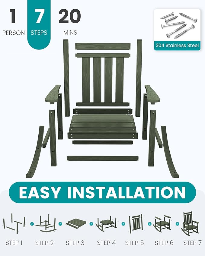 SERWALL Oversized Outdoor Rocking Chair Set of 4, HDPE Rocker for Adults, Patio Rocking Chairs for Porch, Avocado Green