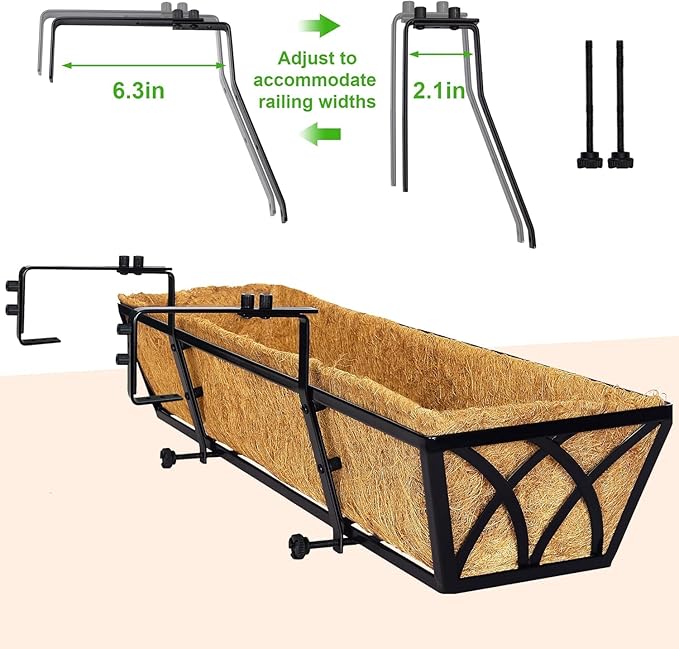 HFHOME 24 inch Window Deck Rail Planter Including Coco Liner, 24" Dia Window Box Horse Trough with Coconut Coir Liners, Black Metal Hanging Flower Planter Basket for Indoor Outdoor Lawn - Set of 2