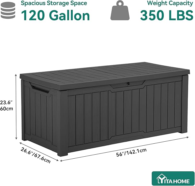 YITAHOME 120 Gallon Outdoor Storage Deck Box, Large Resin Patio Storage for Outdoor Pillows, Garden Tools and Pool Supplies, Waterproof, Lockable, (Dark Grey)