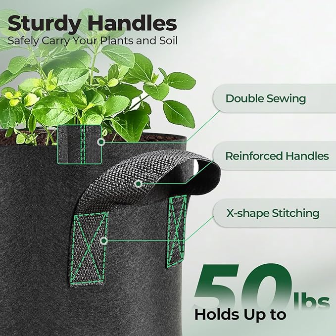 T4U 3 Gallon Grow Bags, Upgrade Grow Bags with Handles, Heavy Duty Thickened Nonwoven Fabric Pots, 3 Gallon Pots for Plants, Rosemary, Chamomile, Onion (5 Pack)