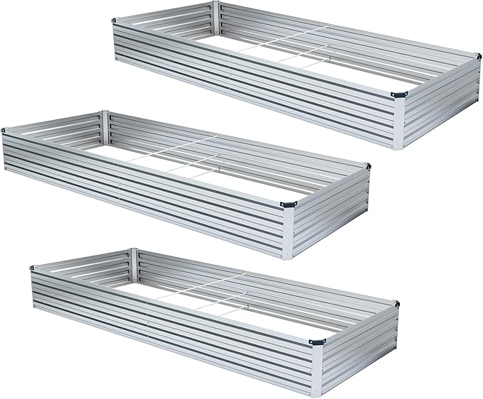 3 Pack 6x3x1FT Galvanized Raised Garden Bed Kit, Outdoor Metal Planter Box for Vegetables, Bottomless Rectangular Gardening Bed with Support Rods, Tool-Free Assembly, Silver