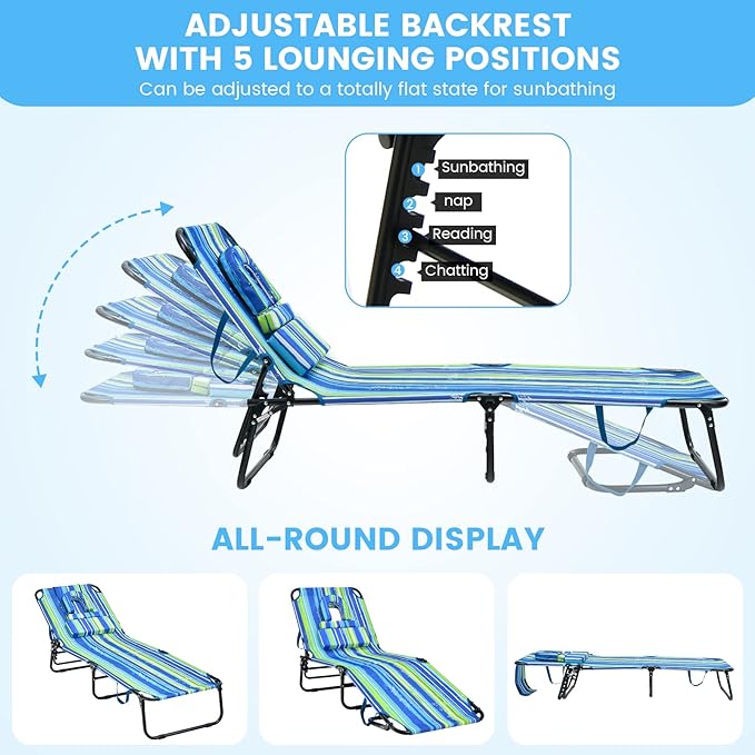 GYMAX Tanning Chair, 350lbs Beach Lounge Chair with Face Hole, Washable Pillow & Carry Strap, Adjustable Folding Chaise Lounge, Layout Lounger for Outside, Patio, Poolside, Lawn (2, Stripe)